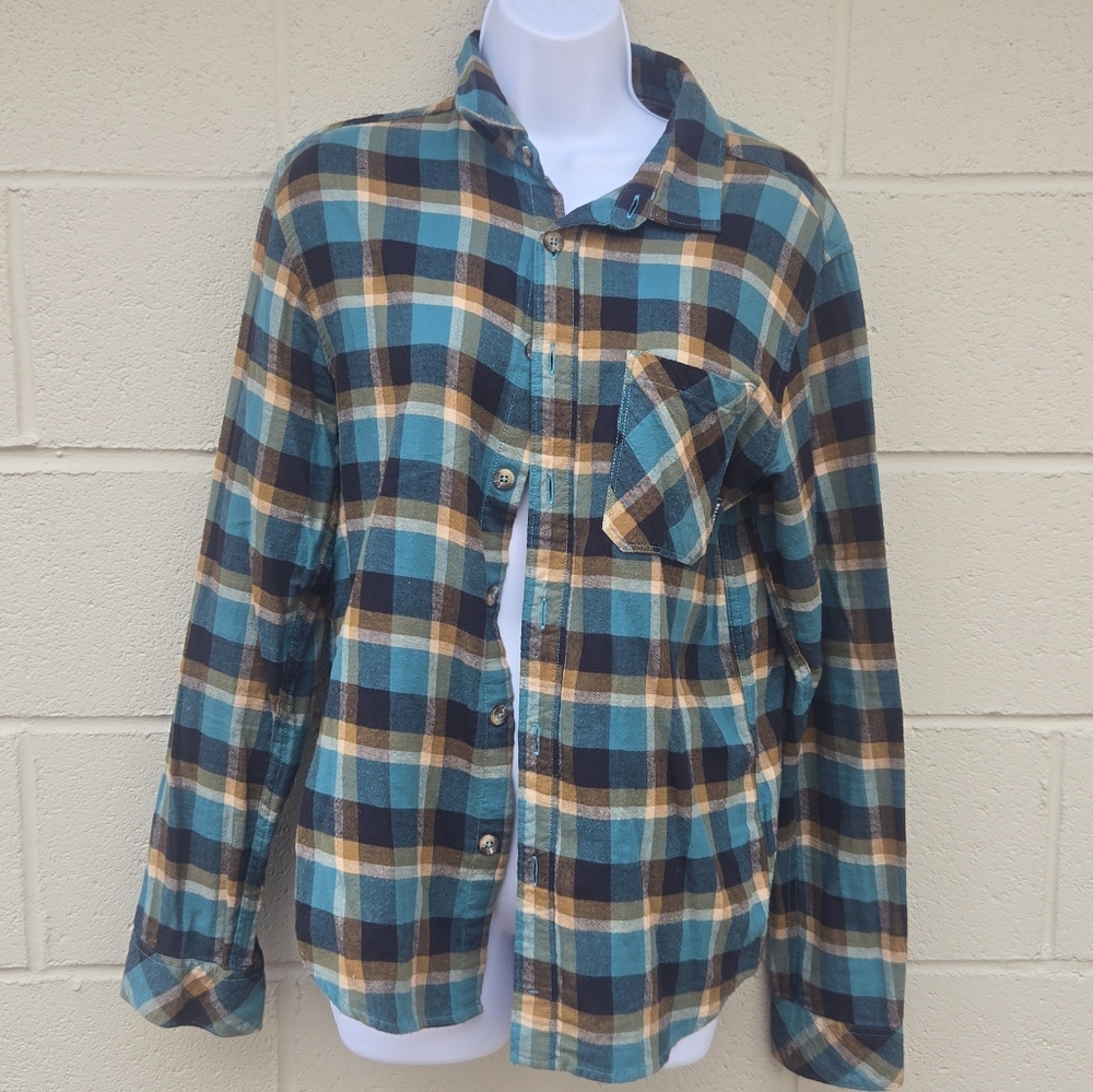 Billabong- Men's Green & Black- Plaid- Button Front- Flannel Shirt- Size Small